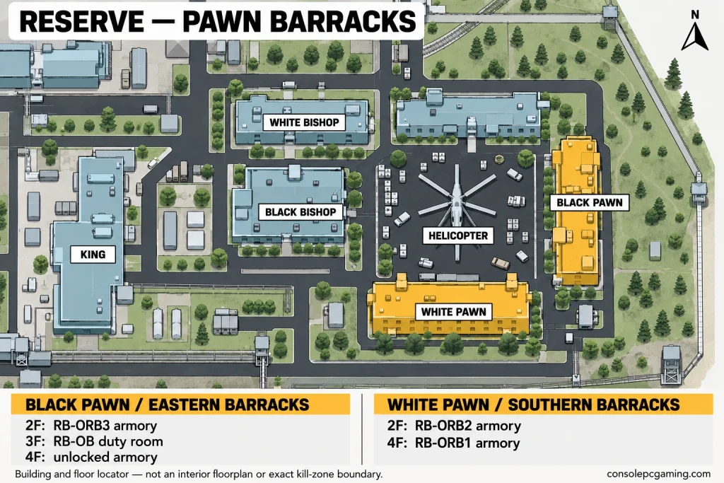 Reserve campus map highlighting Black Pawn east of the helicopter and White Pawn south of it, with Reserve Expert floor and key references.