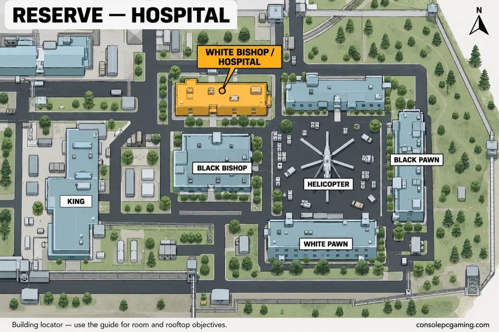 Reserve campus map highlighting White Bishop hospital northwest of the helicopter courtyard, with Black Bishop, Black Pawn and White Pawn for orientation.