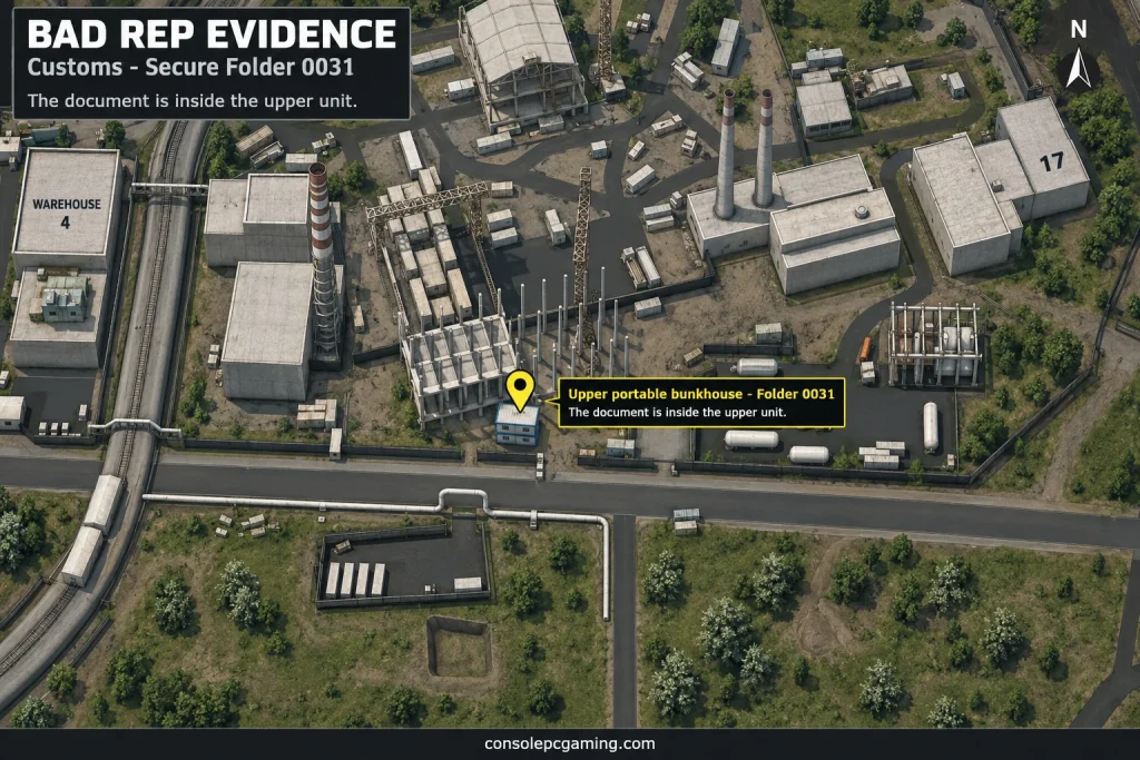Customs map marking the upper portable bunkhouse containing Secure Folder 0031 beside construction.