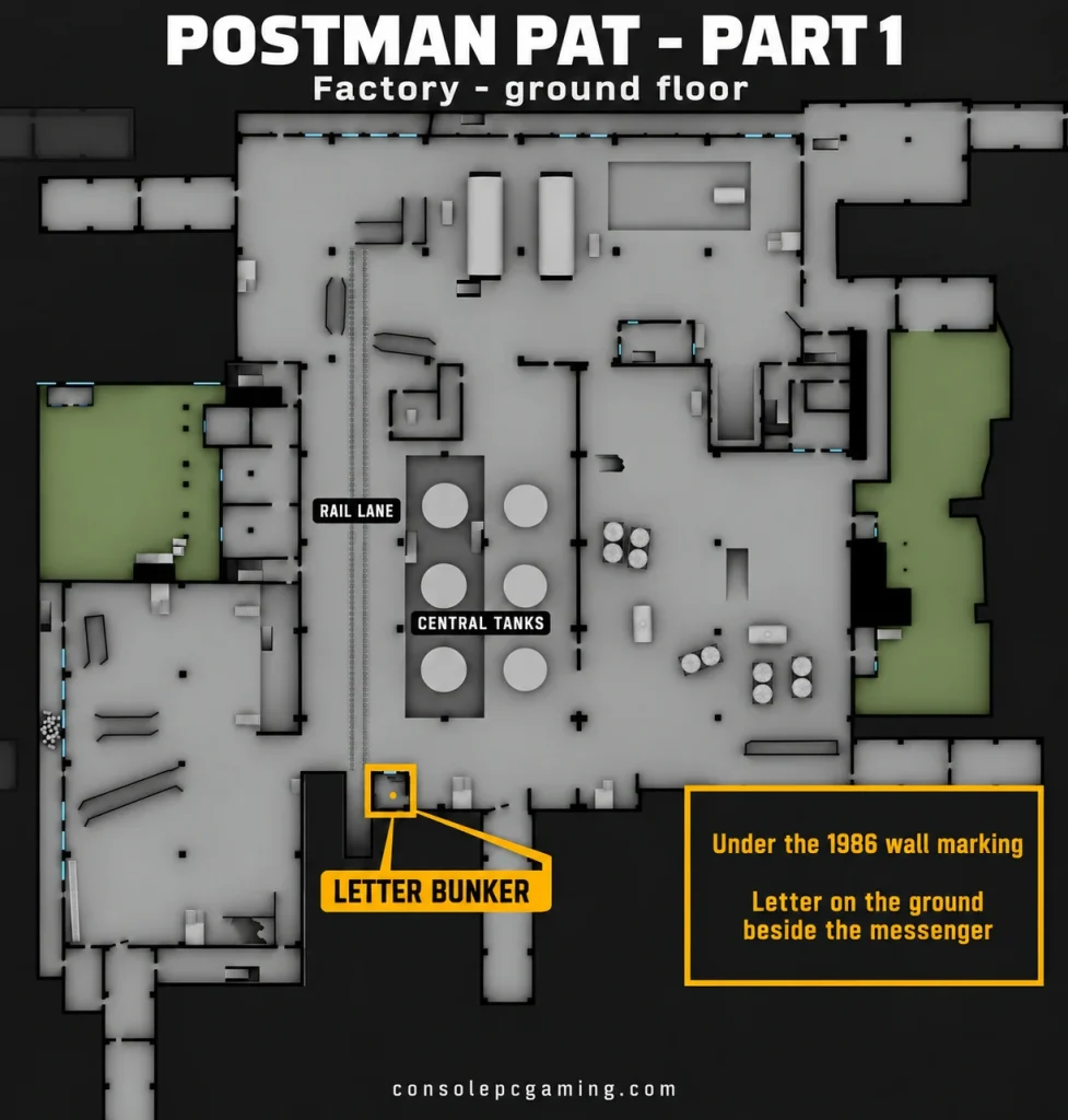 Factory ground-floor map marking the small bunker southwest of the central tank bank as Postman Pat's letter location.