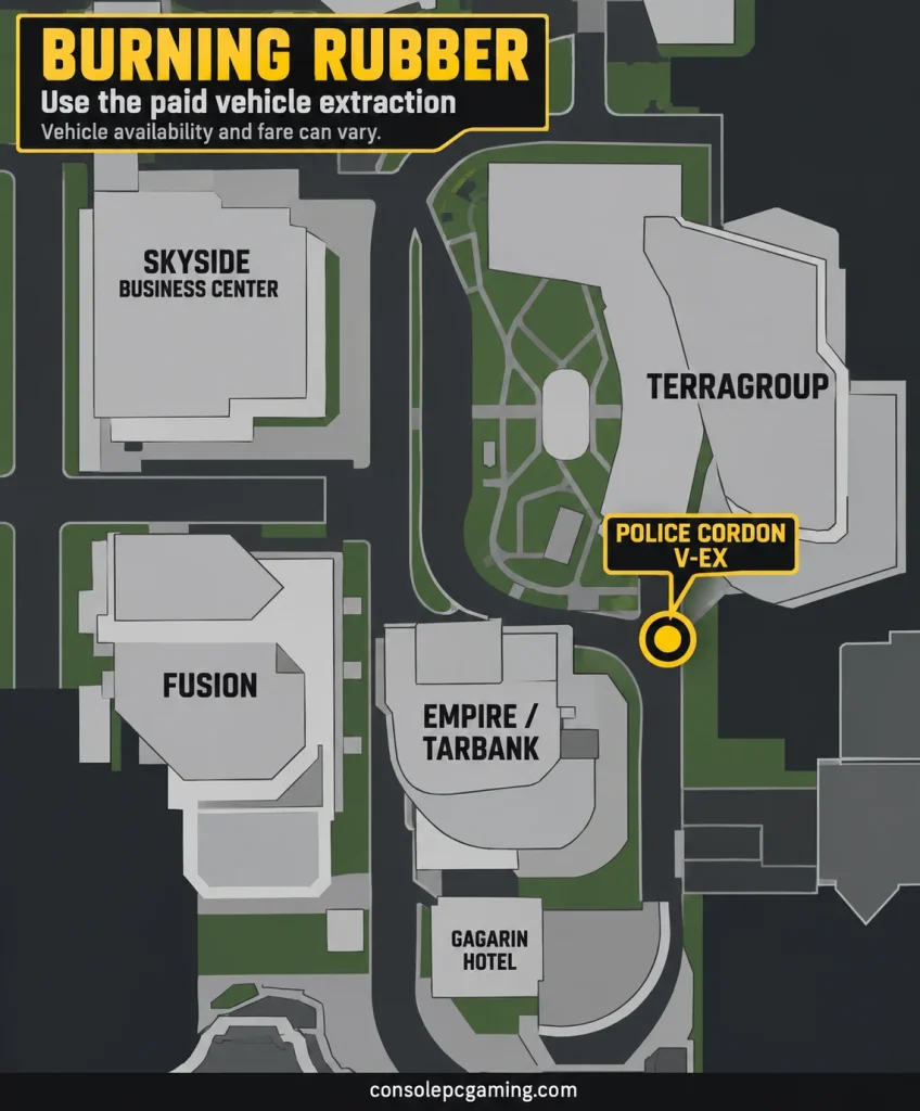 Ground Zero map marking Police Cordon vehicle extraction south of TerraGroup and east of Empire and Tarbank.