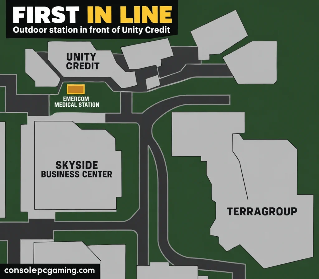 Ground Zero map outlining the outdoor Emercom station in front of Unity Credit, north of Skyside and west of TerraGroup.