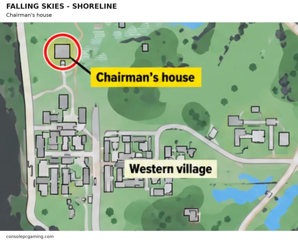 Falling Skies Shoreline locator highlighting the Chairman's detached house north of the western village.