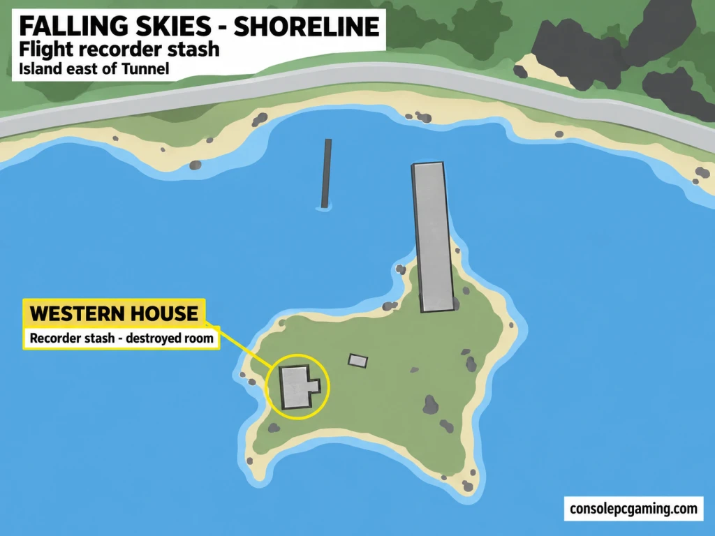 Falling Skies Shoreline map highlighting the western house on the small island east of Tunnel for the recorder stash.