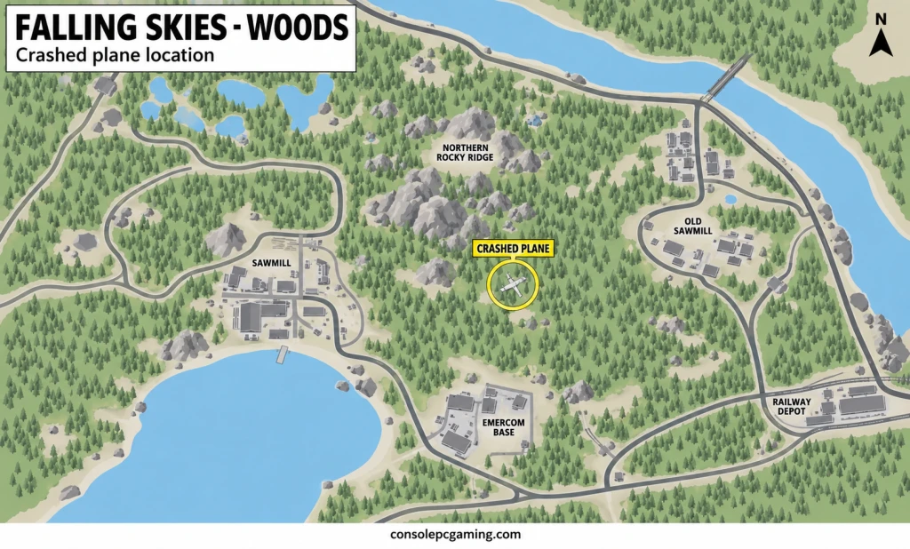 Falling Skies Woods map locating the crashed plane east of the central lake and sawmill.