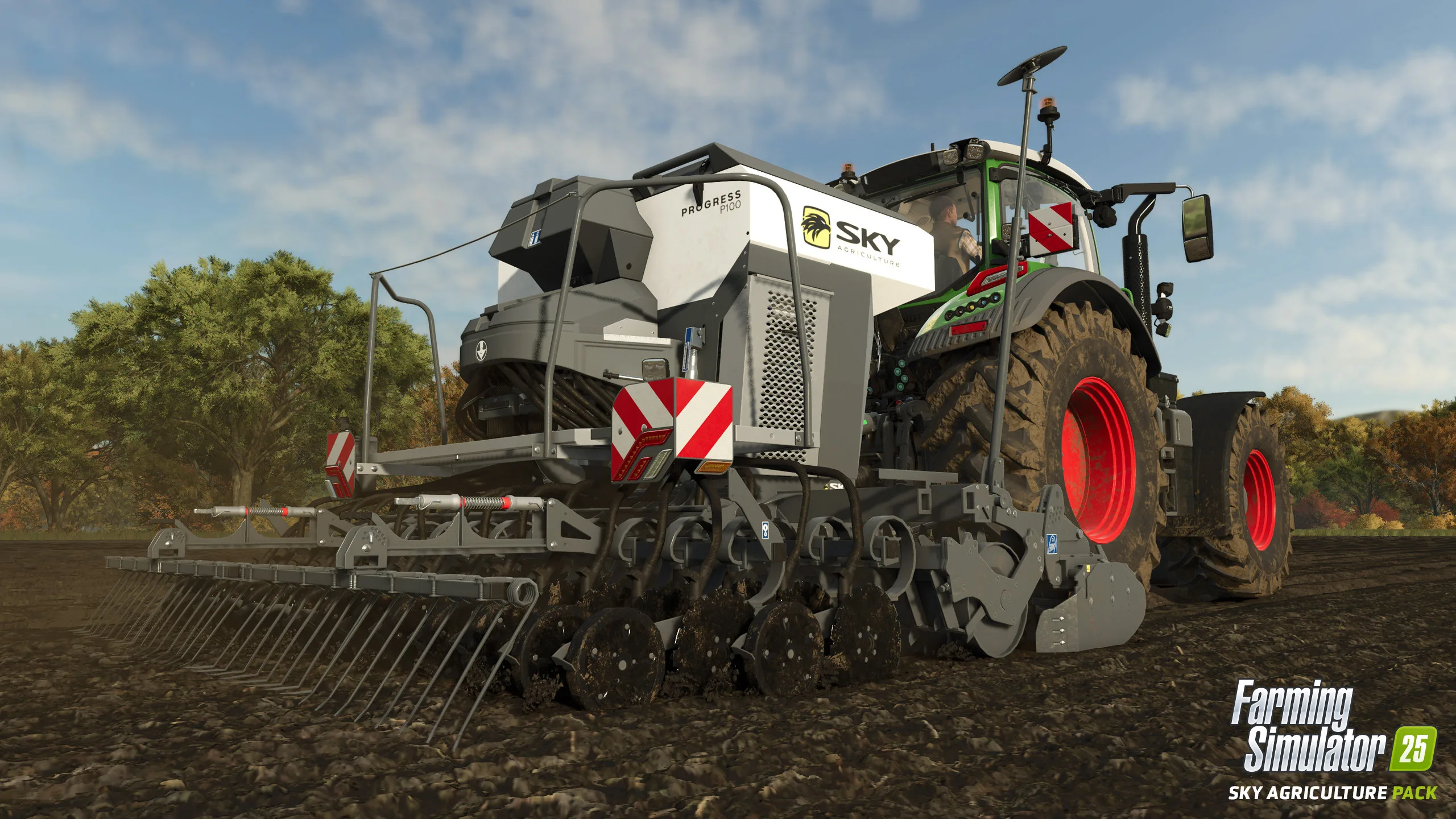 A SKY Agriculture Easydrill P250 working a field in Farming Simulator 25