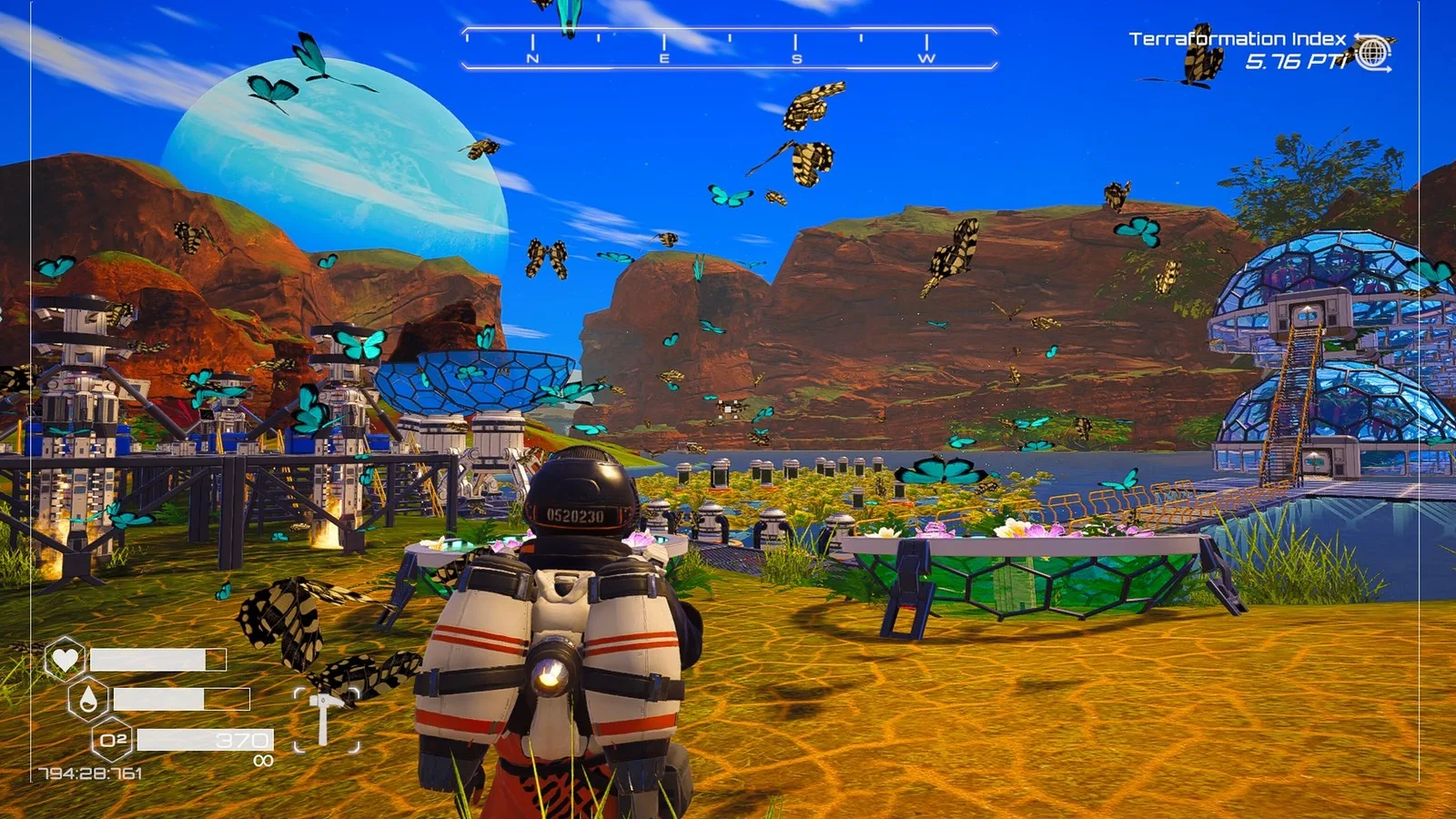 A screenshot from The Planet Crafter showing a developed base on a terraformed planet.