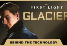007 First Light character portrait beside the words Glacier and Behind the Technology