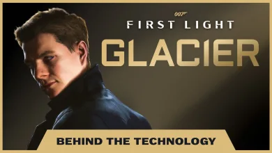 007 First Light character portrait beside the words Glacier and Behind the Technology