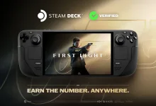 Steam Deck displaying 007 First Light with Steam Deck Verified branding and the text “Earn the number. Anywhere.”