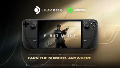 Steam Deck displaying 007 First Light with Steam Deck Verified branding and the text “Earn the number. Anywhere.”