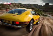 Yellow 1976 Volkswagen SP-2 driving along a dirt road in Forza Horizon 5