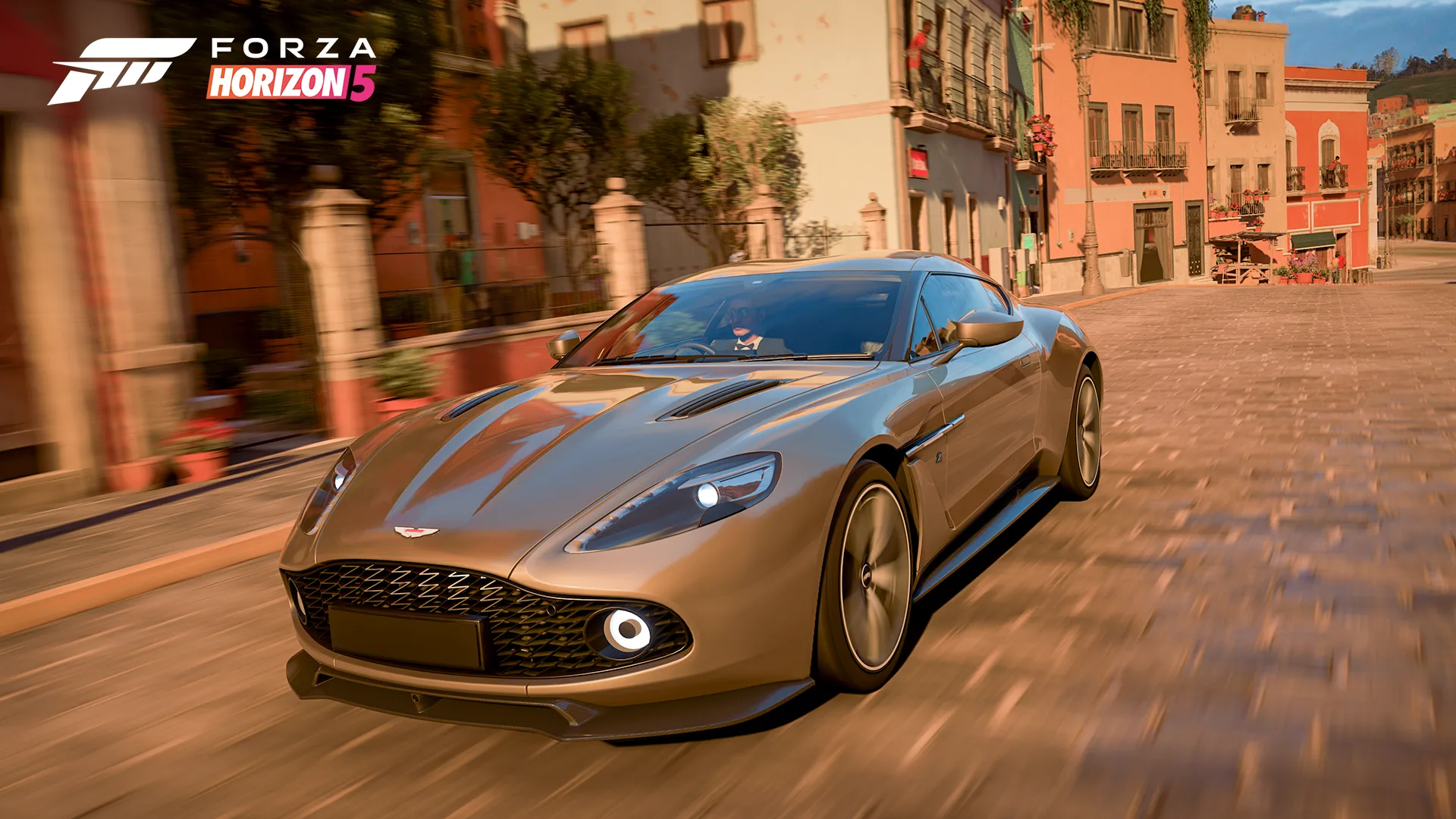 2017 Aston Martin Vanquish Zagato Coupé driving through a city in Forza Horizon 5