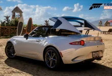 White 2022 Mazda MX-5 Miata RF parked at a beach in Forza Horizon 5
