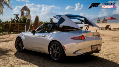 White 2022 Mazda MX-5 Miata RF parked at a beach in Forza Horizon 5