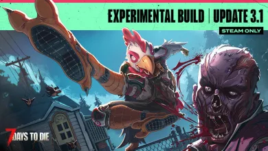 Stylized chicken-headed survivor fighting a zombie in a dark post-apocalyptic town