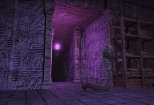 A serpentine creature in a purple-lit ruined corridor in Final Fantasy 14