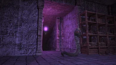 A serpentine creature in a purple-lit ruined corridor in Final Fantasy 14