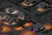 Snow-covered homes, roads, fences, and streetlights in a nighttime Project Zomboid town