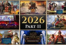 Collage of Age of Empires game artwork and event scenes surrounding large 2026 Part II lettering
