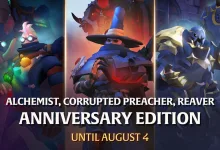 Three Albion Online anniversary vanity characters representing the Alchemist, Corrupted Preacher, and Reaver sets