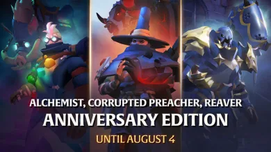 Three Albion Online anniversary vanity characters representing the Alchemist, Corrupted Preacher, and Reaver sets