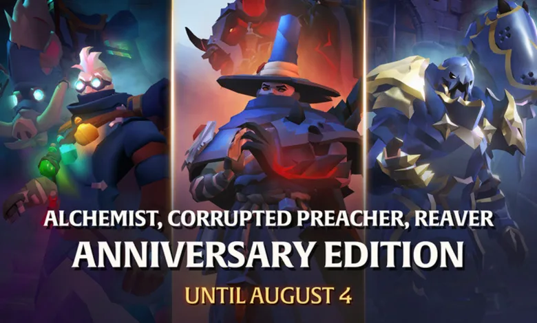 Three Albion Online anniversary vanity characters representing the Alchemist, Corrupted Preacher, and Reaver sets