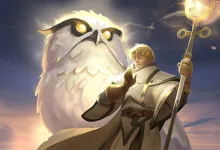 A glowing white owl-like mount stands behind a robed character holding a golden staff in Albion Online artwork
