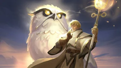 A glowing white owl-like mount stands behind a robed character holding a golden staff in Albion Online artwork