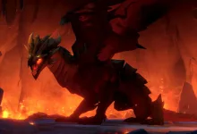 A large red dragon stands in a fiery volcanic cavern in Albion Online