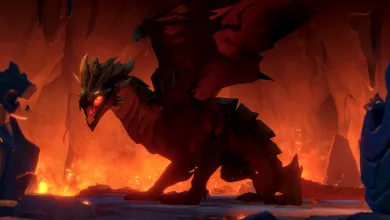 A large red dragon stands in a fiery volcanic cavern in Albion Online
