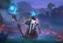 An armored Albion Online character holding a glowing blue staff in a misty purple landscape
