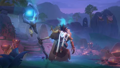 An armored Albion Online character holding a glowing blue staff in a misty purple landscape