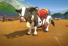 Albion Online's cow-themed Ol' Betsy mount standing in a field
