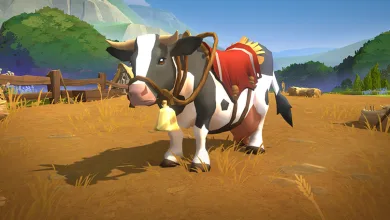 Albion Online's cow-themed Ol' Betsy mount standing in a field