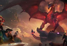 Albion Online characters confront a towering red dragon in a fiery cavern
