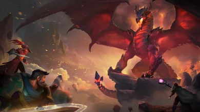 Albion Online characters confront a towering red dragon in a fiery cavern
