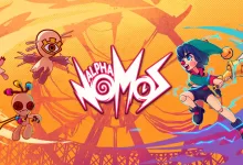Colorful Alpha Nomos artwork showing a blue-haired fighter wielding an instrument among puppet-like enemies and the game's logo