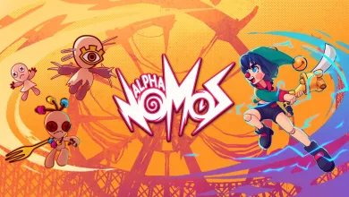 Colorful Alpha Nomos artwork showing a blue-haired fighter wielding an instrument among puppet-like enemies and the game's logo
