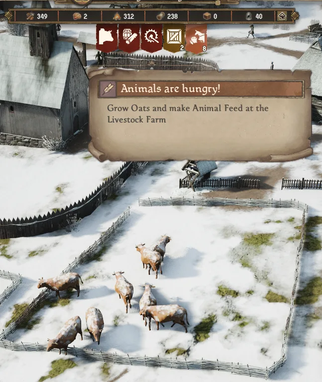 Animal feed warning shown over a snowy Manor Lords pasture