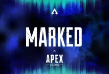 Blue abstract artwork with the words Marked and Apex Legends centered beneath the Apex logo