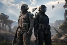 Two armored ARC Raiders characters stand in a ruined futuristic landscape beneath floating craft.