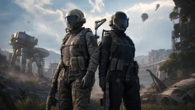 Two armored ARC Raiders characters stand in a ruined futuristic landscape beneath floating craft.