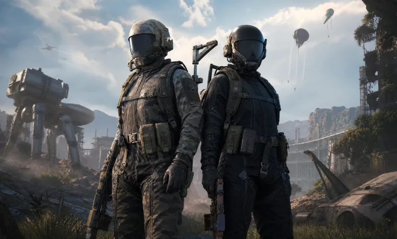 Two armored ARC Raiders characters stand in a ruined futuristic landscape beneath floating craft.