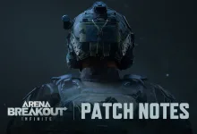 Arena Breakout: Infinite patch notes artwork showing a geared soldier from behind with the game logo