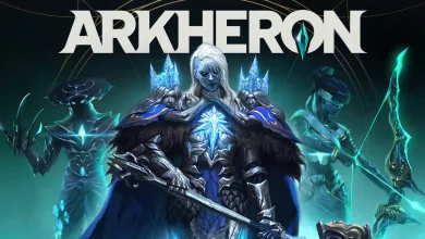 Arkheron key art showing three fantasy characters in armor beneath the Arkheron logo