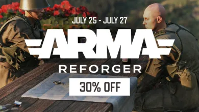 Arma Reforger promotional artwork showing two soldiers, the July 25–27 sale dates, and a 30% off offer