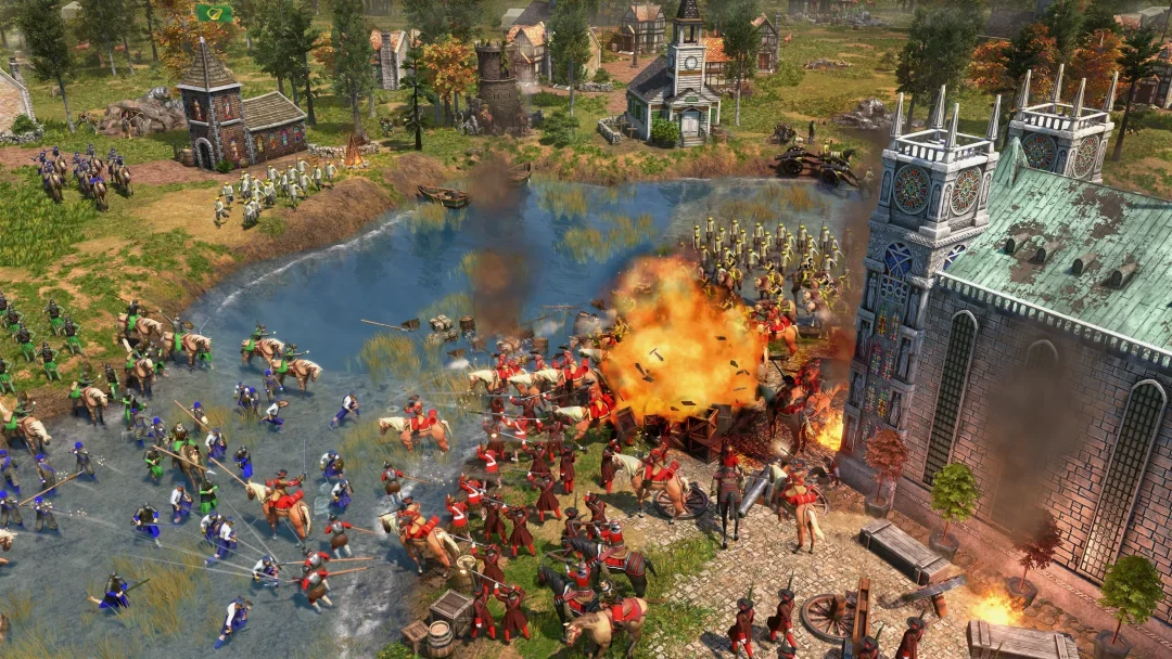 Armies clashing around a lakeside church and burning battlefield