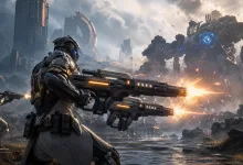 Armored futuristic soldiers fire large weapons at a towering alien mechanical boss in a ruined battlefield.