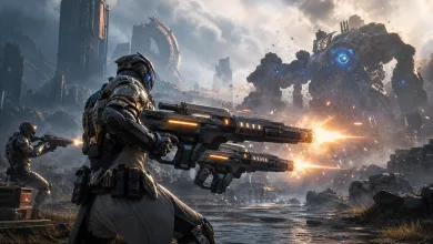Armored futuristic soldiers fire large weapons at a towering alien mechanical boss in a ruined battlefield.